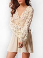 Shein Apricot Deep V Neck Lace Embroidered Dress
