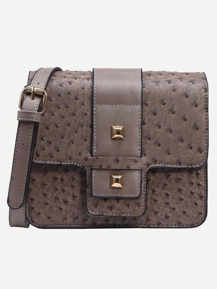 Shein Grey Faux Ostrich Leather Studded Strap Front Box Bag