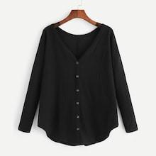 Shein Button Front V-neck Solid Tee