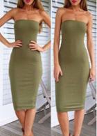 Rosewe Knee Length Strapless Army Green Skinny Dress