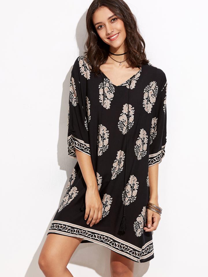 Shein Black Vintage Print Lace Up Fringe Shift Dress