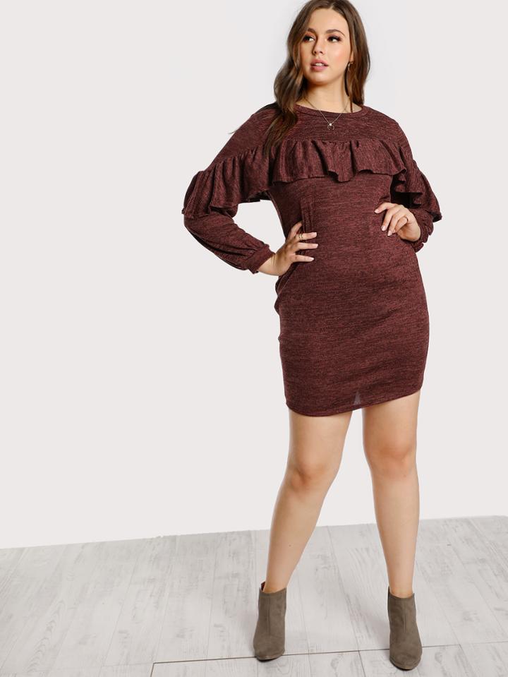 Shein Ruffle Accent Long Sleeve Dress Rust