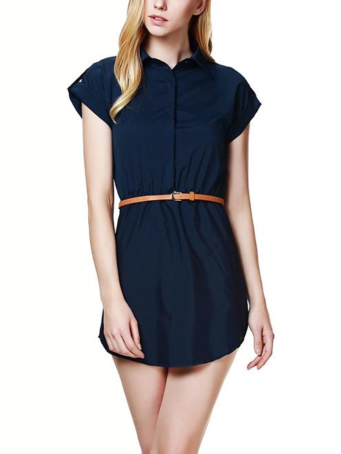Shein Navy Short Sleeve Chiffon Shirt Dress With Belt