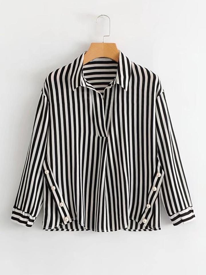 Shein Faux Pearl Detail Striped Blouse