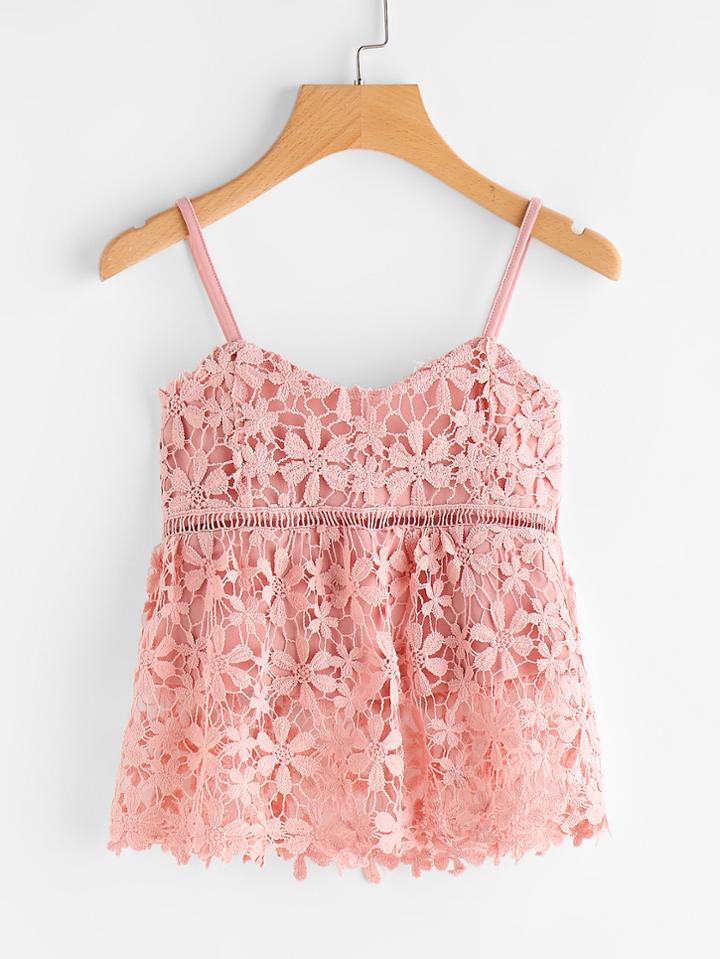 Shein Pink Embroidered Floral Lace Applique Cami Top