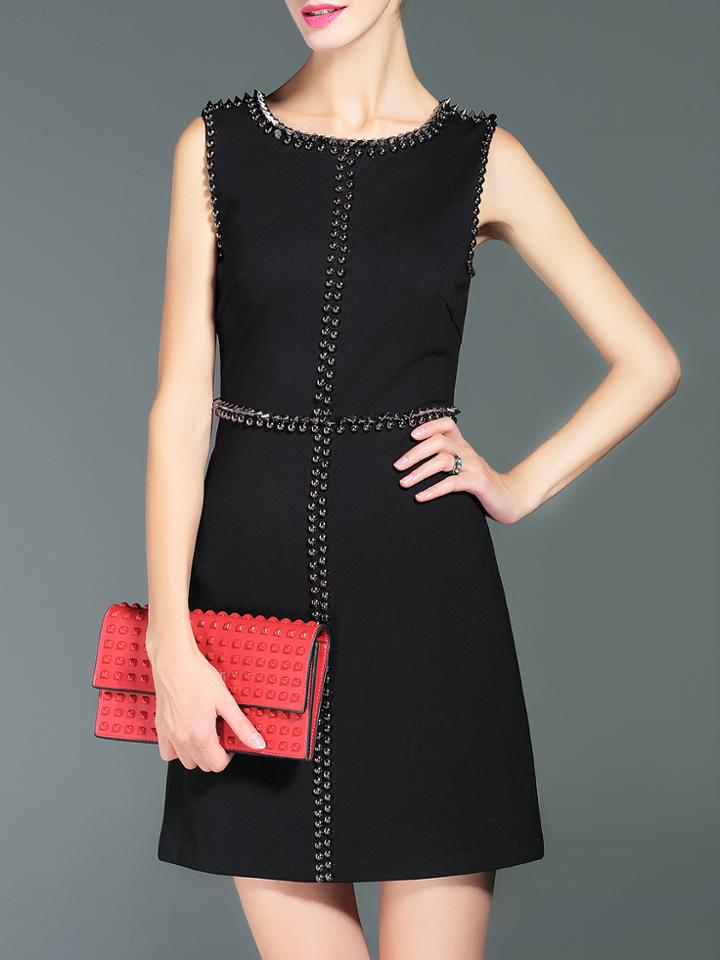 Shein Black Crew Neck Rivets Shift Dress