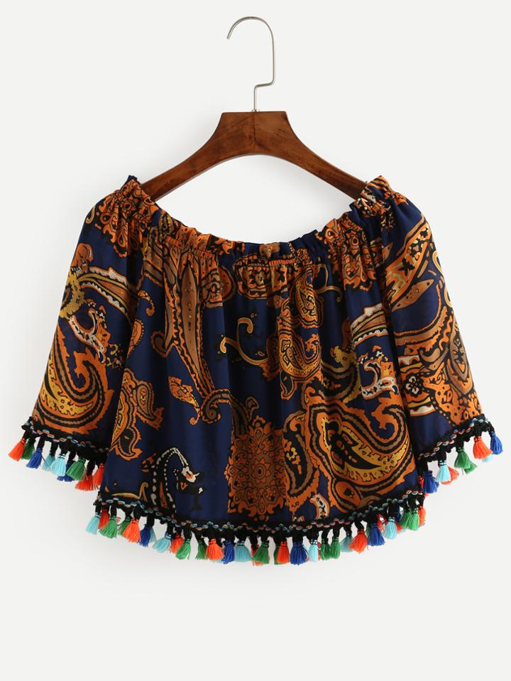 Shein Multicolor Paisley Print Tassel Trimmed Crop Top