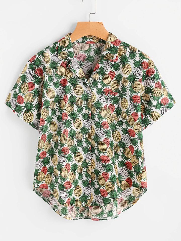 Shein Allover Pineapple Print Revere Collar Dip Hem Blouse