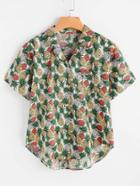 Shein Allover Pineapple Print Revere Collar Dip Hem Blouse