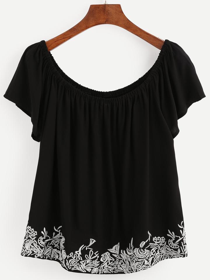 Shein Black Boat Neck Embroidered Shirt