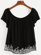 Shein Black Boat Neck Embroidered Shirt