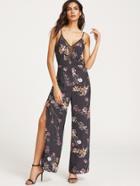 Shein Black Flower Print Mesh Plunge Neck Cami Jumpsuit