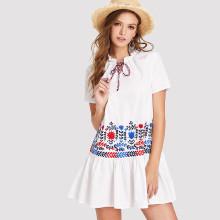 Shein Tie Neck Ruffle Hem Embroidered Dress