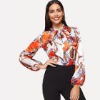 Shein Retro Print Tie Neck Top