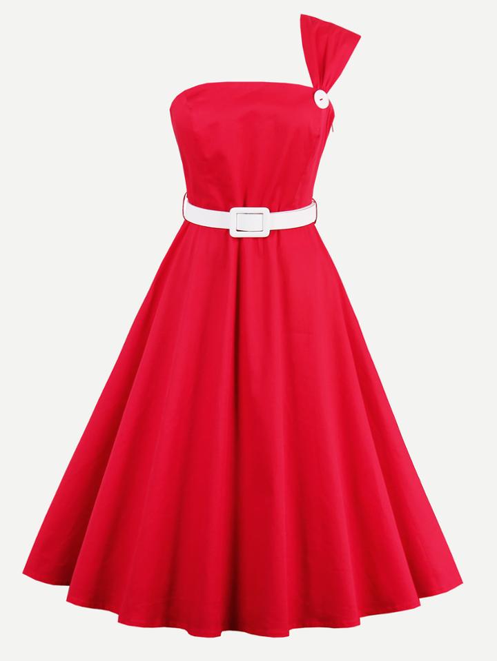 Shein One Shoulder Circle Dress With Contrast Belt