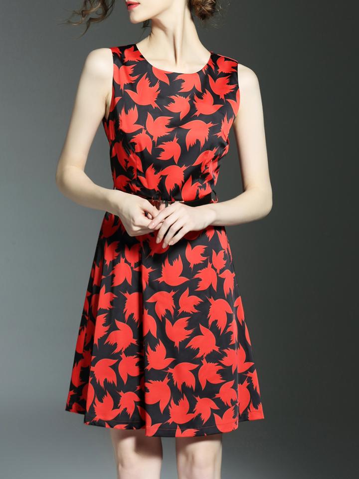 Shein Black Belted Print A-line Dress
