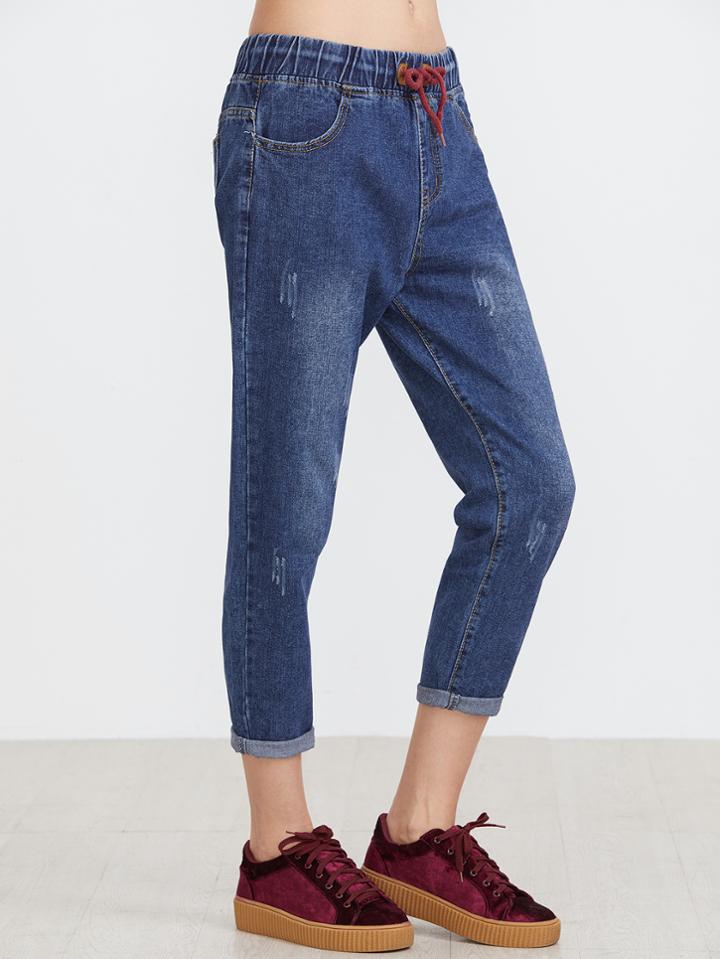 Shein Dark Blue Bleach Drawstring Waist Cuffed Jeans