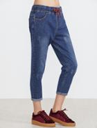 Shein Dark Blue Bleach Drawstring Waist Cuffed Jeans