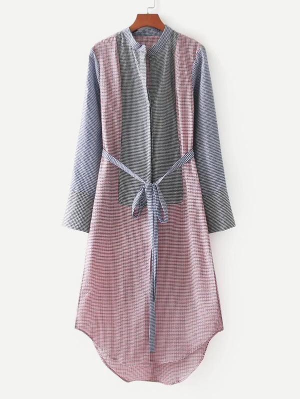 Shein Contrast Gingham High Low Curved Hem Shirt Dress