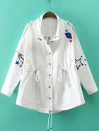 Shein White Letter Embroidery Drawstring Coat With Pockets