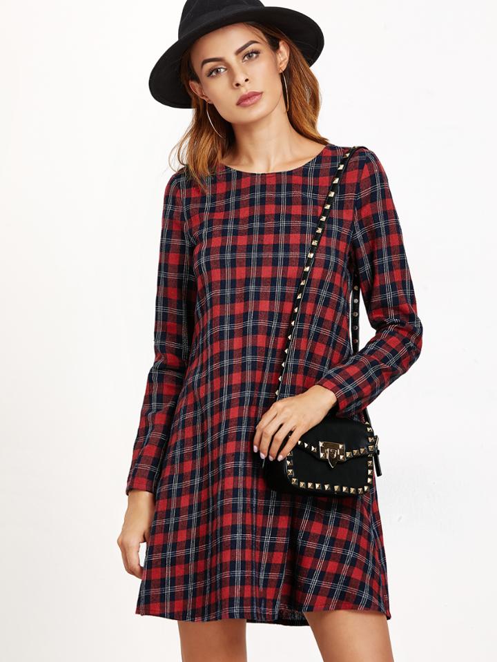 Shein Navy And Red Plaid A Line Dress