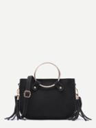 Shein Black Metal Ring Tassel Trim Suede Shoulder Bag