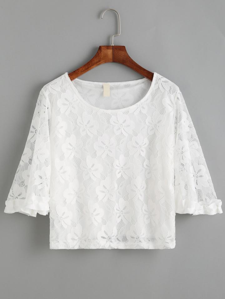 Shein White Crochet Lace Half Sleeve Ruffle Top