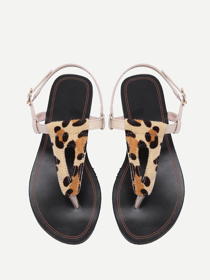 Shein Faux Fur Embellished Toe Post Leopard Strappy Sandals