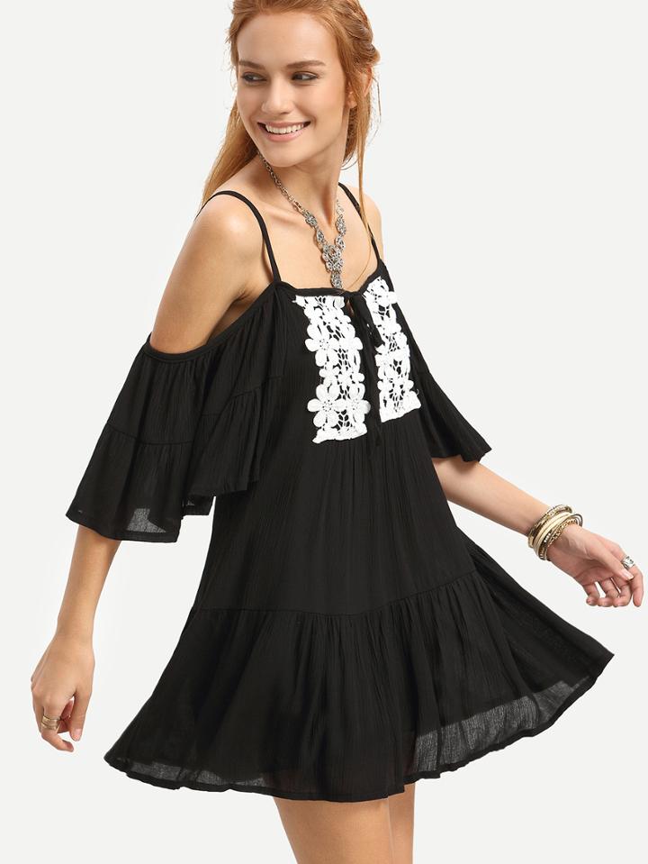 Shein Black Cold Shoulder Contrast Crochet Drop Waist Dress