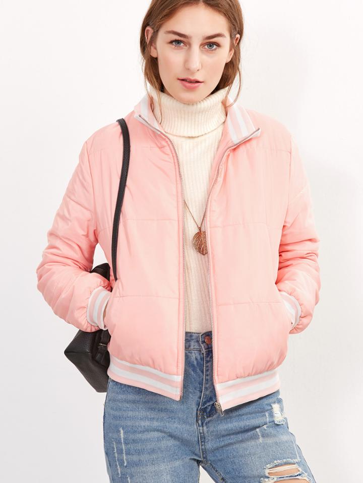 Shein Pink Striped Trim Zip Up Padded Jacket