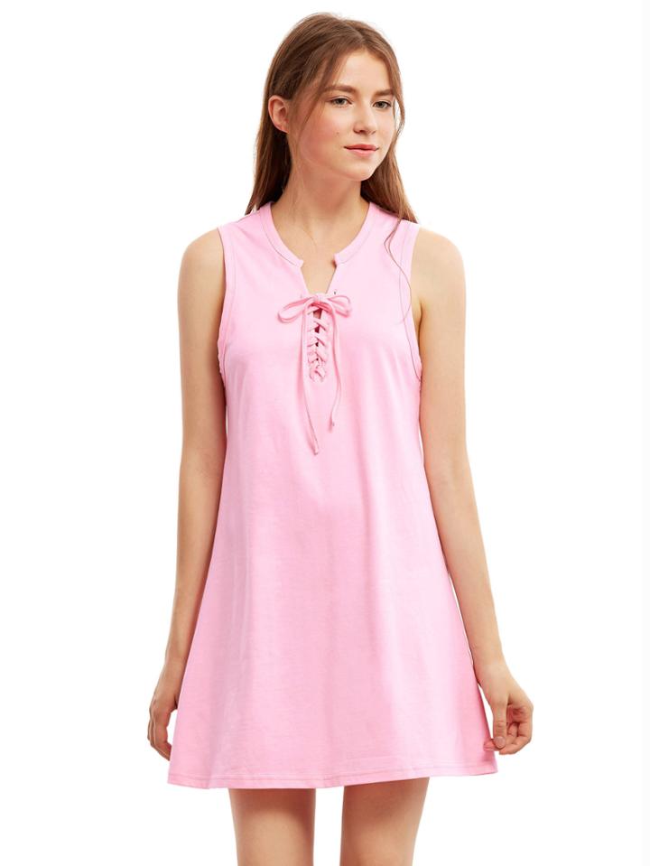 Shein Pink Sleeveless Lace Up Vest Dress