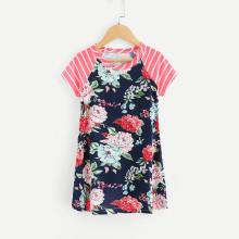 Shein Girls Striped Raglan Sleeve Floral Print Dress