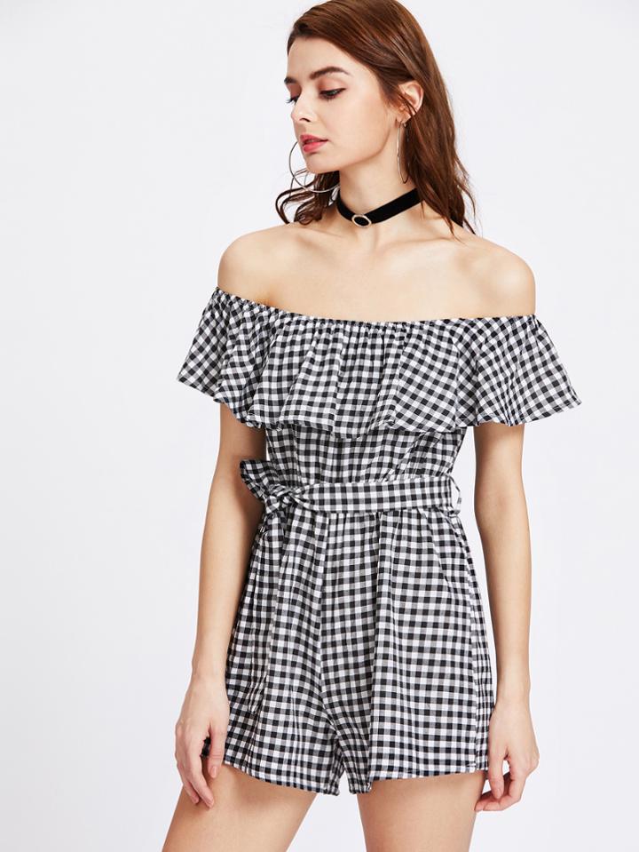 Shein Flounce Layered Neckline Gingham Self Tie Romper