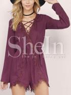 Shein Burgundy Lace Up Neck Keyhole Back Embellished Playsuit