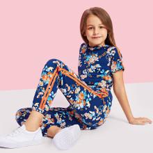 Shein Girls Flower Print Hoodie & Sweatpants Set