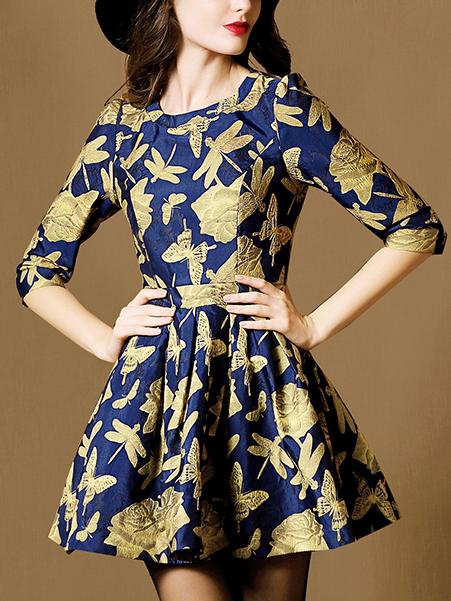 Shein Multicolor Round Neck Half Sleeve Jacquard Dress