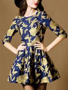 Shein Multicolor Round Neck Half Sleeve Jacquard Dress