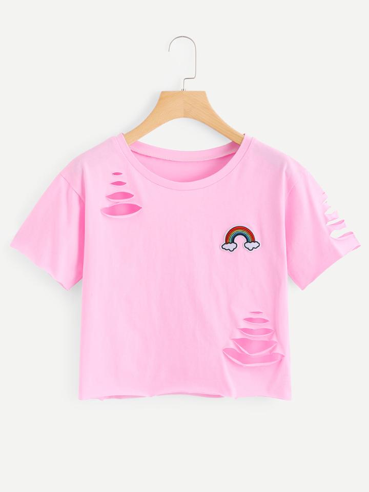 Shein Rainbow Appliques Ripped Tee