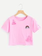 Shein Rainbow Appliques Ripped Tee