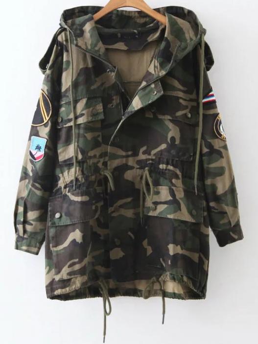 Shein Army Green Embroidery Detail Hooded Camouflage Coat
