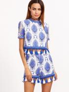 Shein Blue And White Tassel Trim  Botanical Print Mesh Overlay Top With Shorts