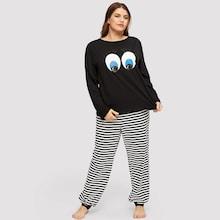 Shein Plus Eyes Print Top & Striped Pants Pj Set