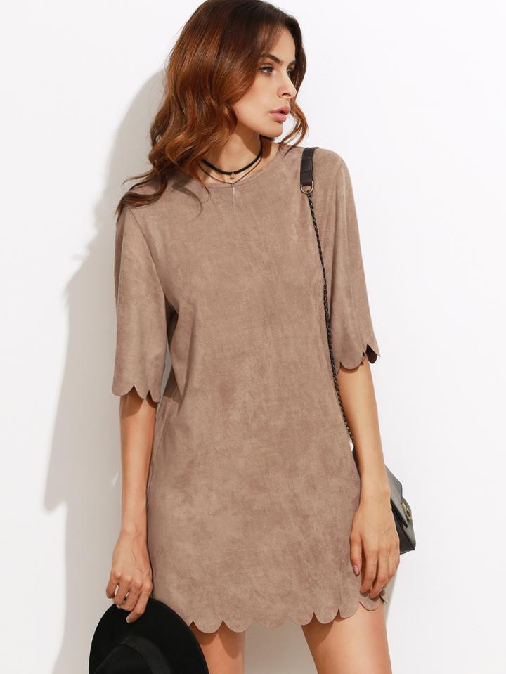 Shein Camel Suede Scallop Mini Dress