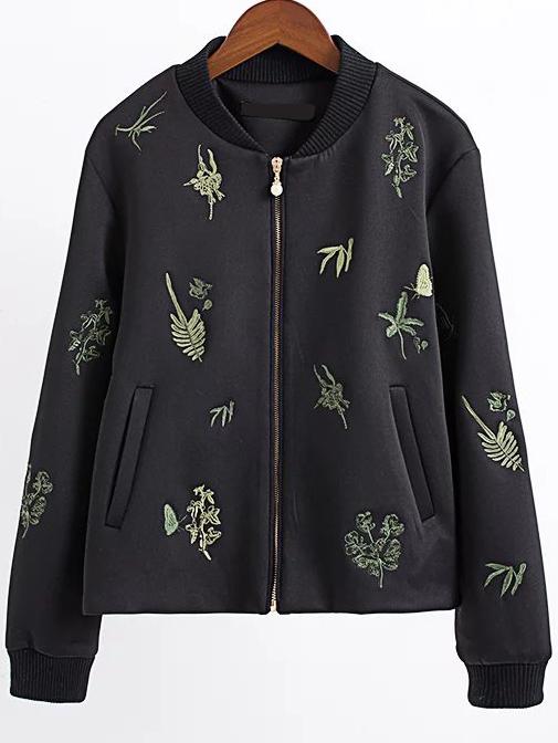 Shein Black Embroidery Zipper Up Jacket