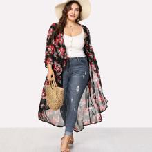 Shein Plus Floral Print Dip Hem Cardigan