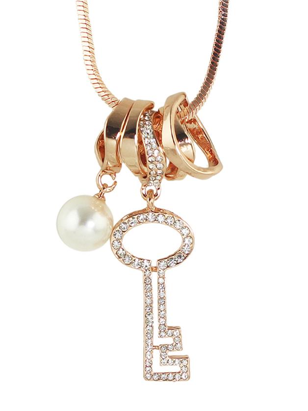 Shein Rosegold Rhinestone Key Shape Long Pendant Necklace