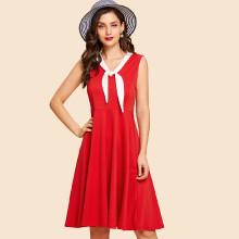 Shein Contrast Tie Neck Fit And Flare Dress