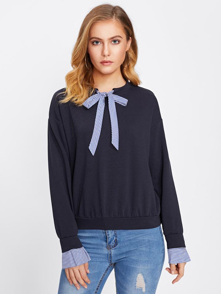 Shein Striped Cuff And Tied Neck Dropped Shoulder Top