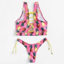 Shein Pineapple Print Lace Up Bikini Set