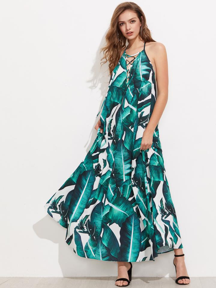 Shein Jungle Leaf Print Lace Up Plunge Halter Neck Dress